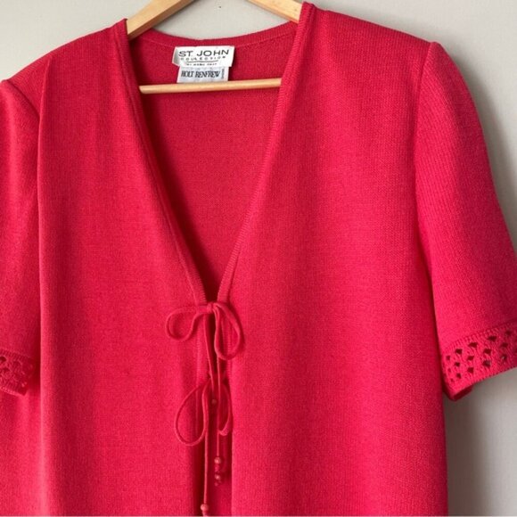 SOLD ST.JOHN for Holt Renfrew Coral Red Tie Front Cardigan Santana Knit Size 14 - Picture 3 of 7